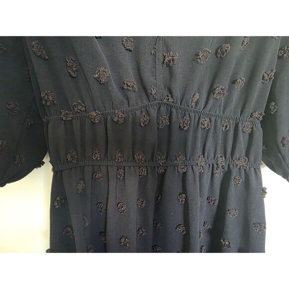 Boho Black Midi Dress S 3/4 Puff Sleeve 3D Textured Rosettes Smocked Waist - Picture 5 of 5